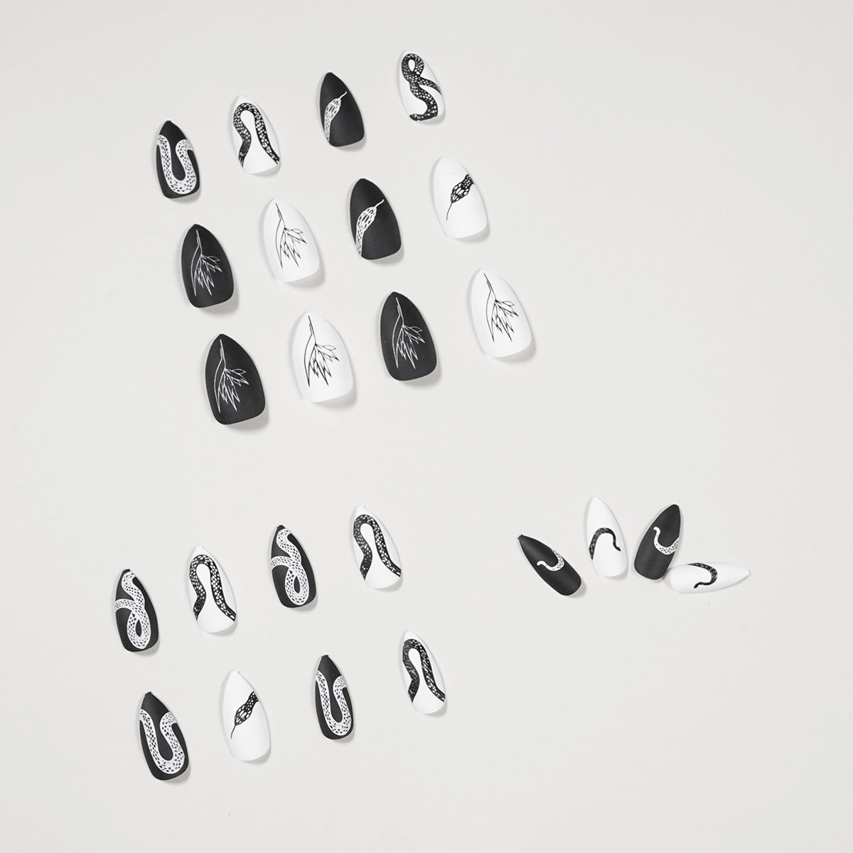 Matte Black & White Snake Print Almond Press On Nails 24Pcs