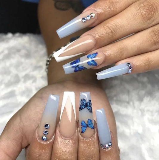 Long Coffin Press On Nails Blue Butterfly V-French 24Pcs