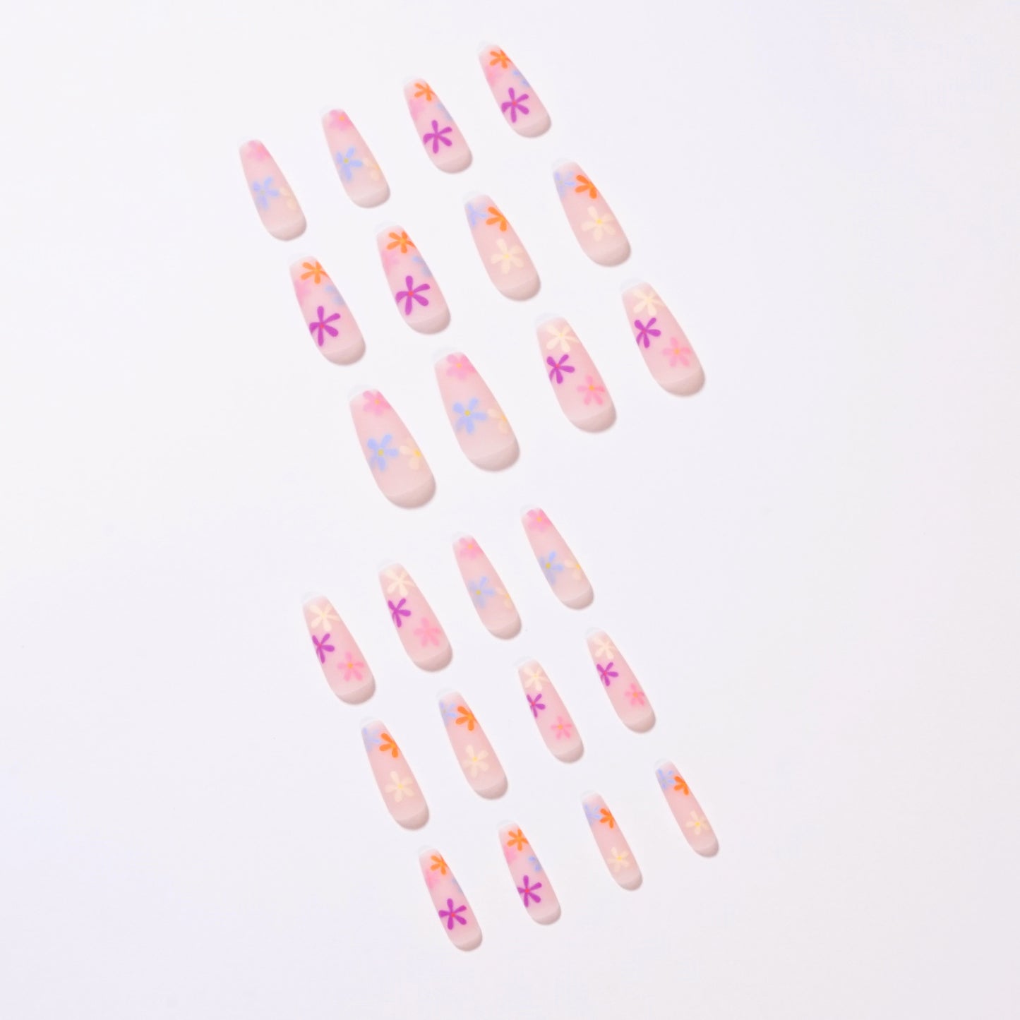 Long Coffin Press On Nails Pastel Floral Fake Nails 24Pcs