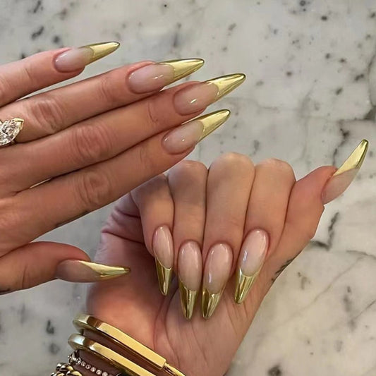 Long Almond Press On Nails Metallic Gold French Tip 24Pcs