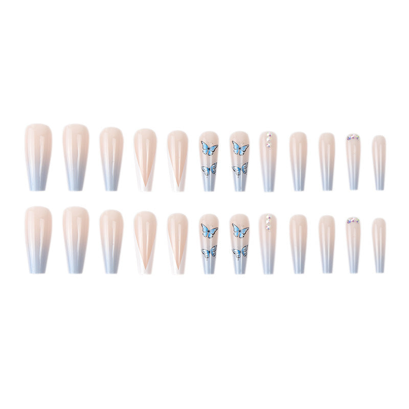 Long Coffin Press On Nails Blue Butterfly V-French 24Pcs