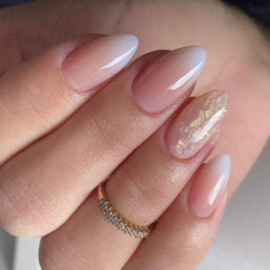 Almond Press On Nails Pink Ombre Gradient Gold Foil 24Pcs