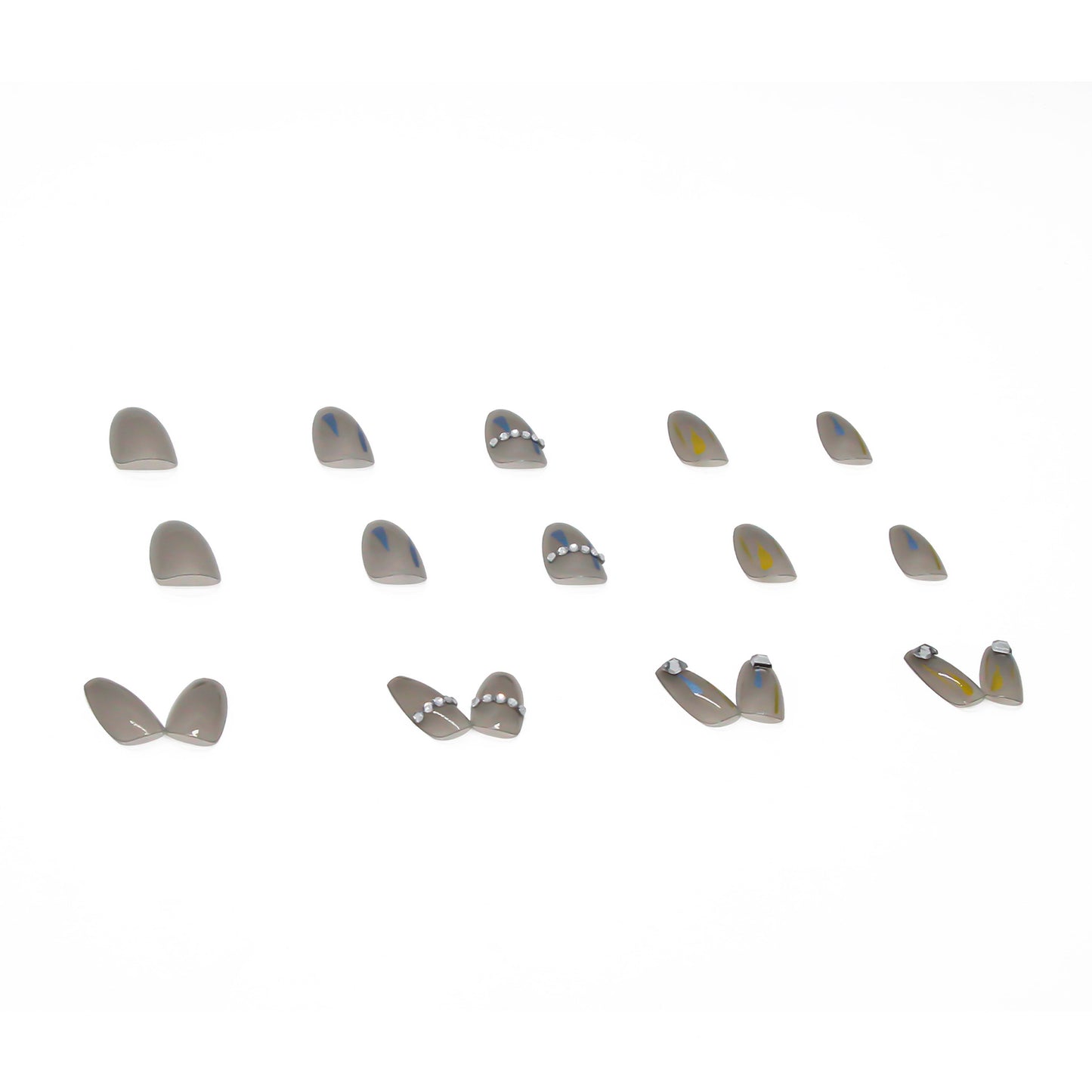 Short Coffin Press On Nails Jelly Gray Rhinestone 24Pcs