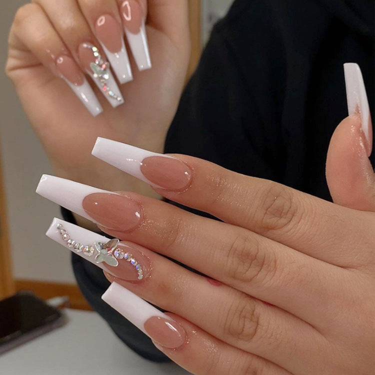 Long Ballet French Tip Press On Nails Butterfly Rhinestone 24Pcs