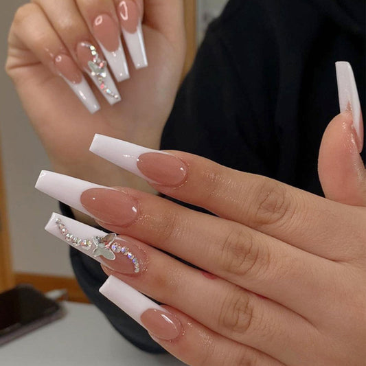 Long Ballet French Tip Press On Nails Butterfly Rhinestone 24Pcs