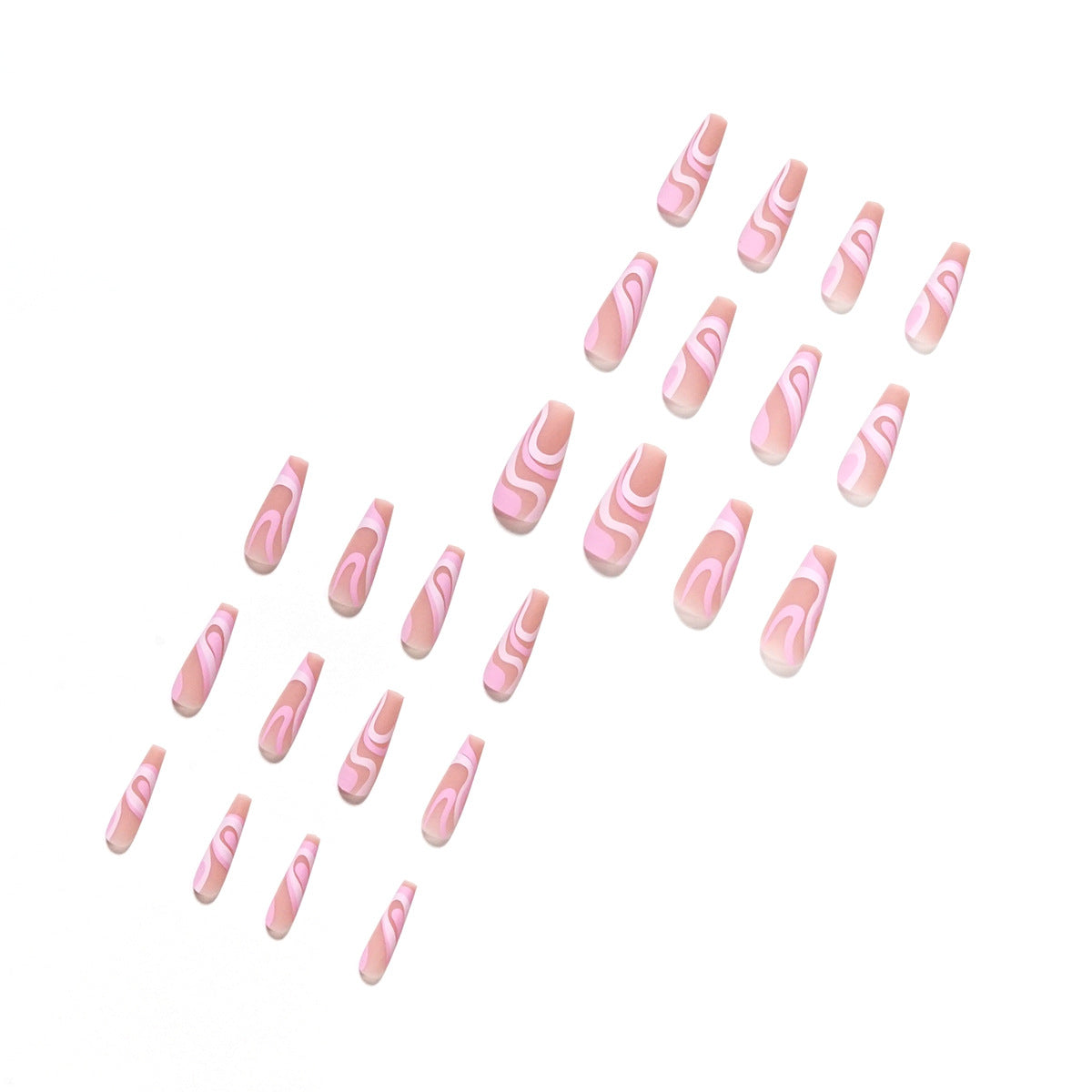 Long Square Press On Nails Pink Swirl Abstract Lines 24Pcs