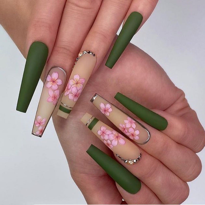 Long Coffin Press On Nails Matte Green Floral Rhinestone 24Pcs