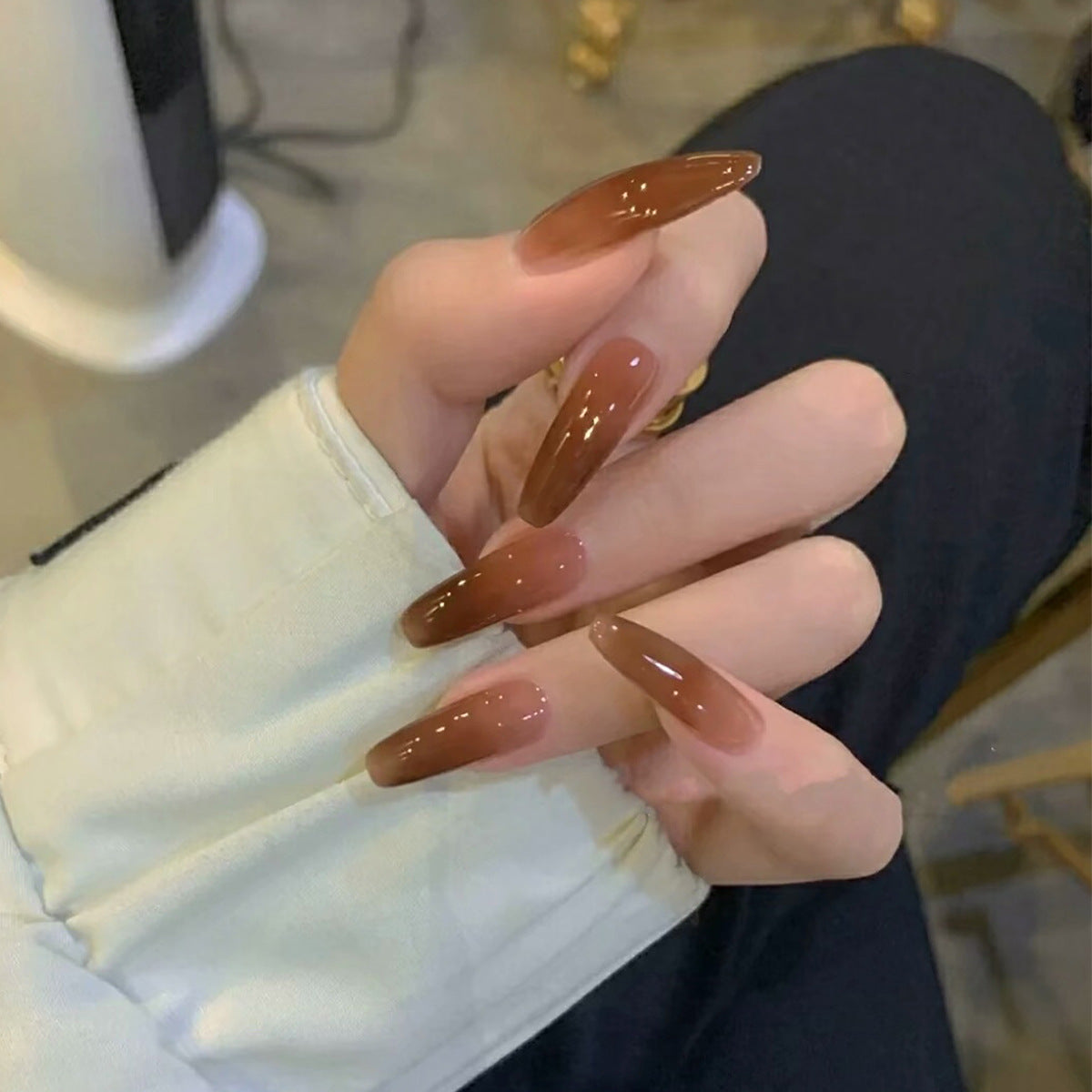 Long Coffin Press On Nails Jelly Brown Ombre 24Pcs