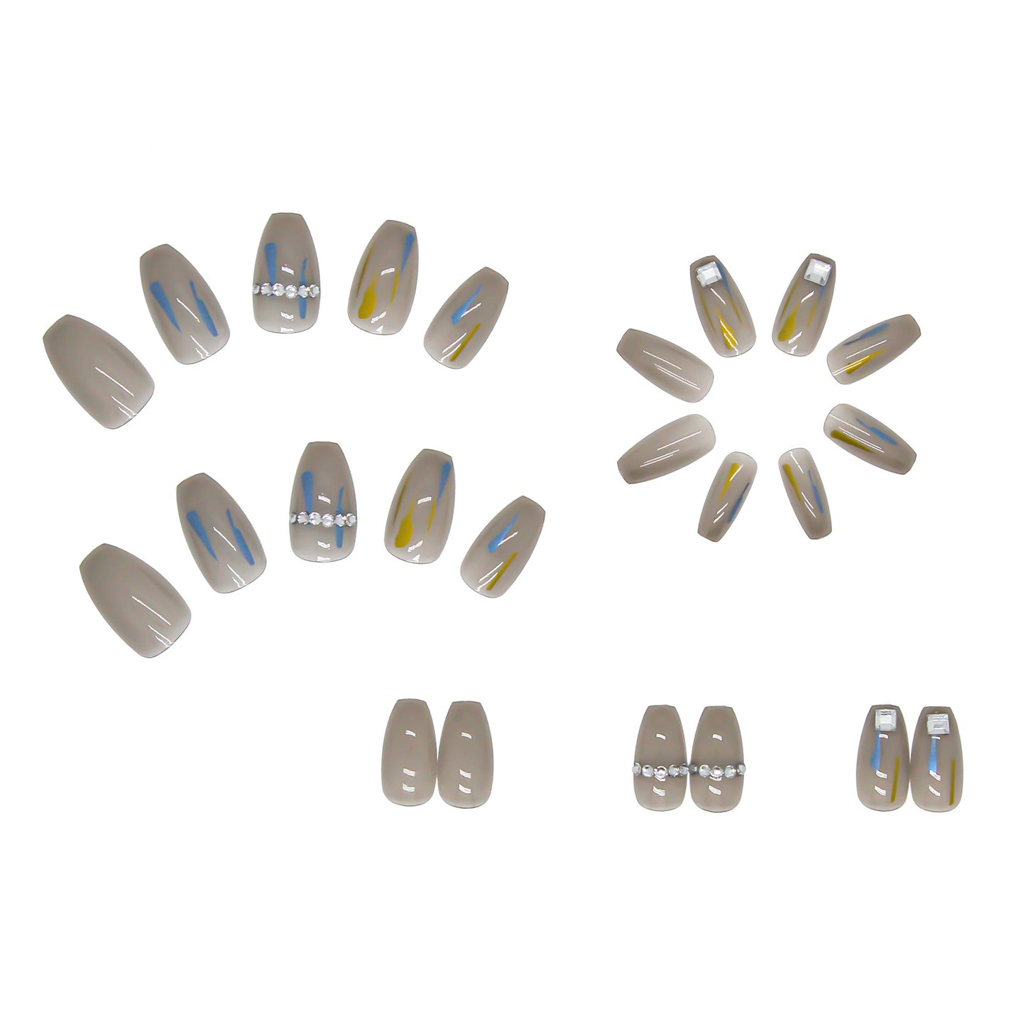 Short Coffin Press On Nails Jelly Gray Rhinestone 24Pcs