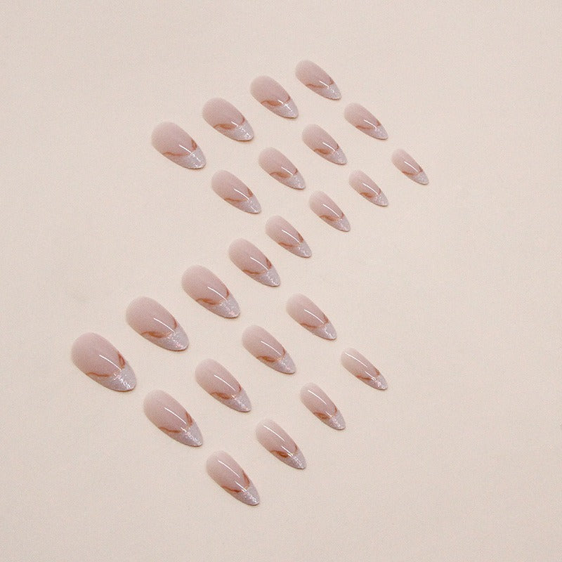 Almond French Tip Press On Nails Pearl Gold Glitter Edge 24Pcs