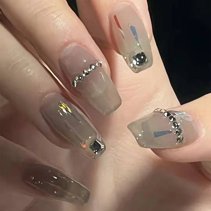 Short Coffin Press On Nails Jelly Gray Rhinestone 24Pcs