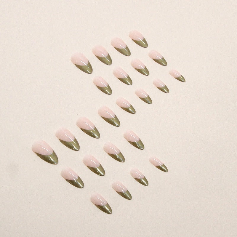 Long Almond Press On Nails Metallic Gold French Tip 24Pcs