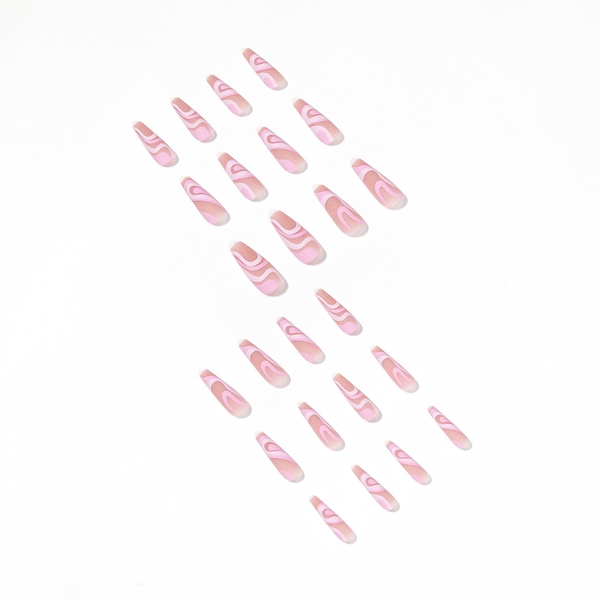 Long Square Press On Nails Pink Swirl Abstract Lines 24Pcs