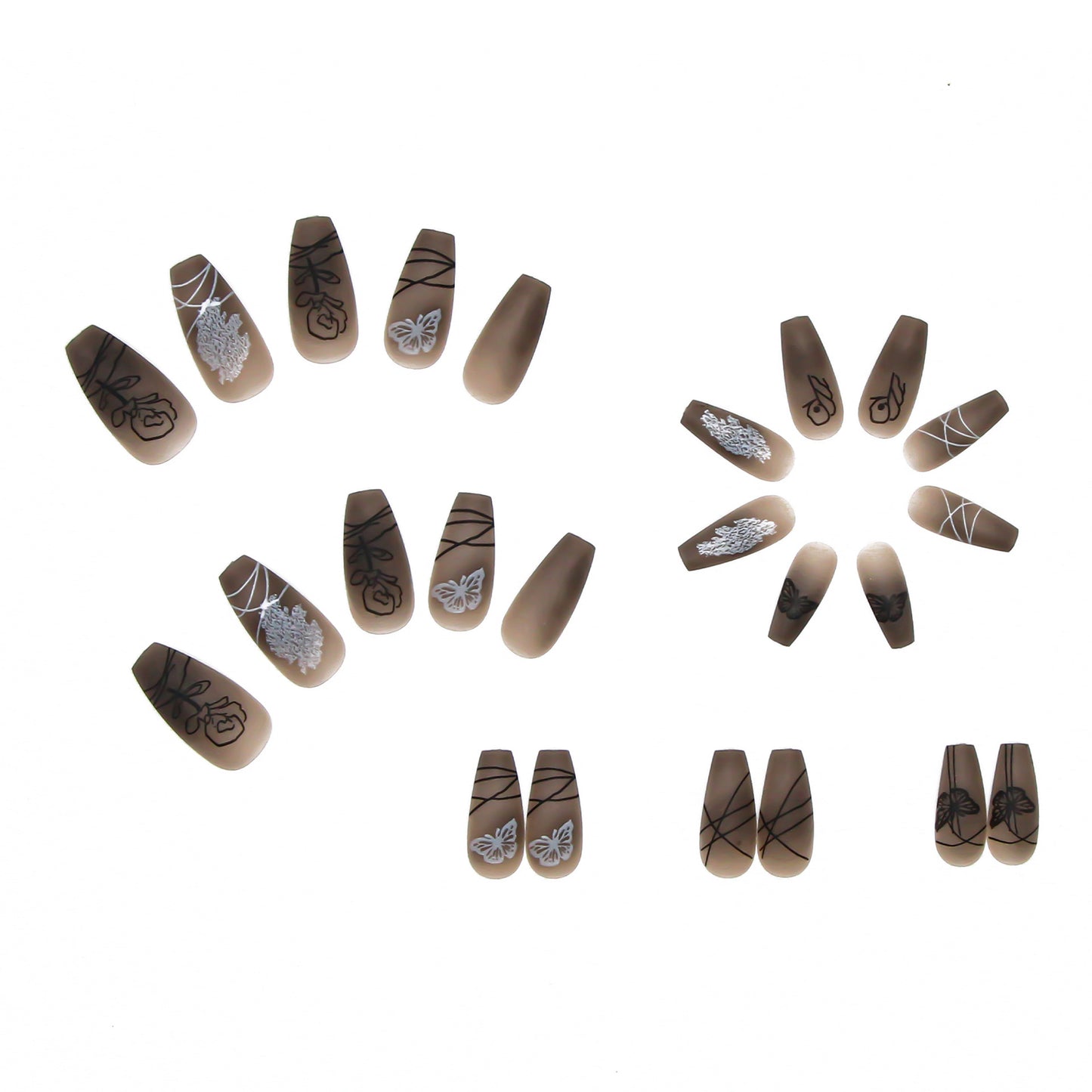 Long Coffin Press On Nails Matte Dark 3D Butterfly 24Pcs