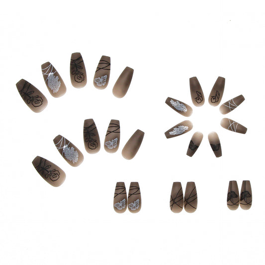 Long Coffin Press On Nails Matte Dark 3D Butterfly 24Pcs