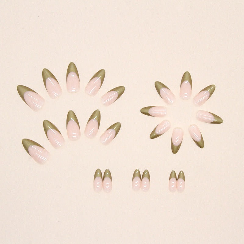 Long Almond Press On Nails Metallic Gold French Tip 24Pcs