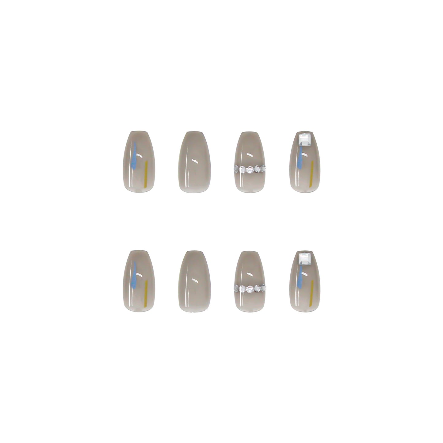 Short Coffin Press On Nails Jelly Gray Rhinestone 24Pcs