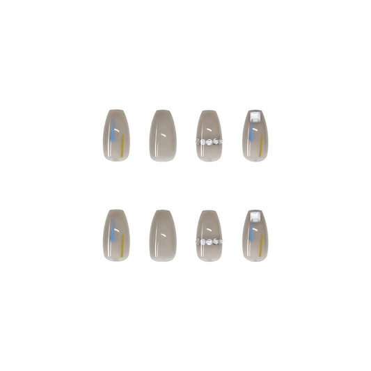 Short Coffin Press On Nails Jelly Gray Rhinestone 24Pcs