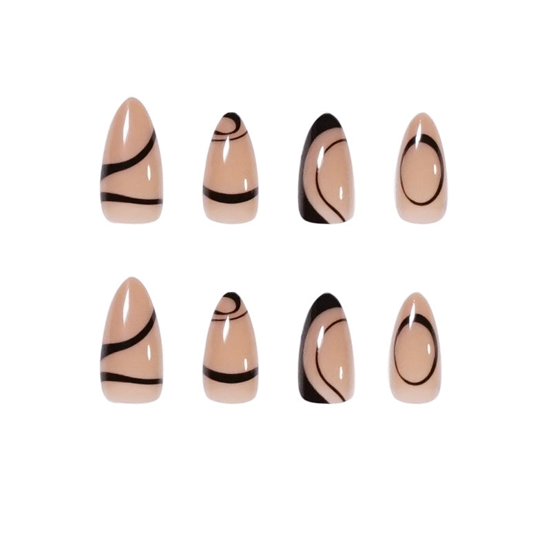 Pointed Almond Press On Nails Black Abstract Line 24Pcs