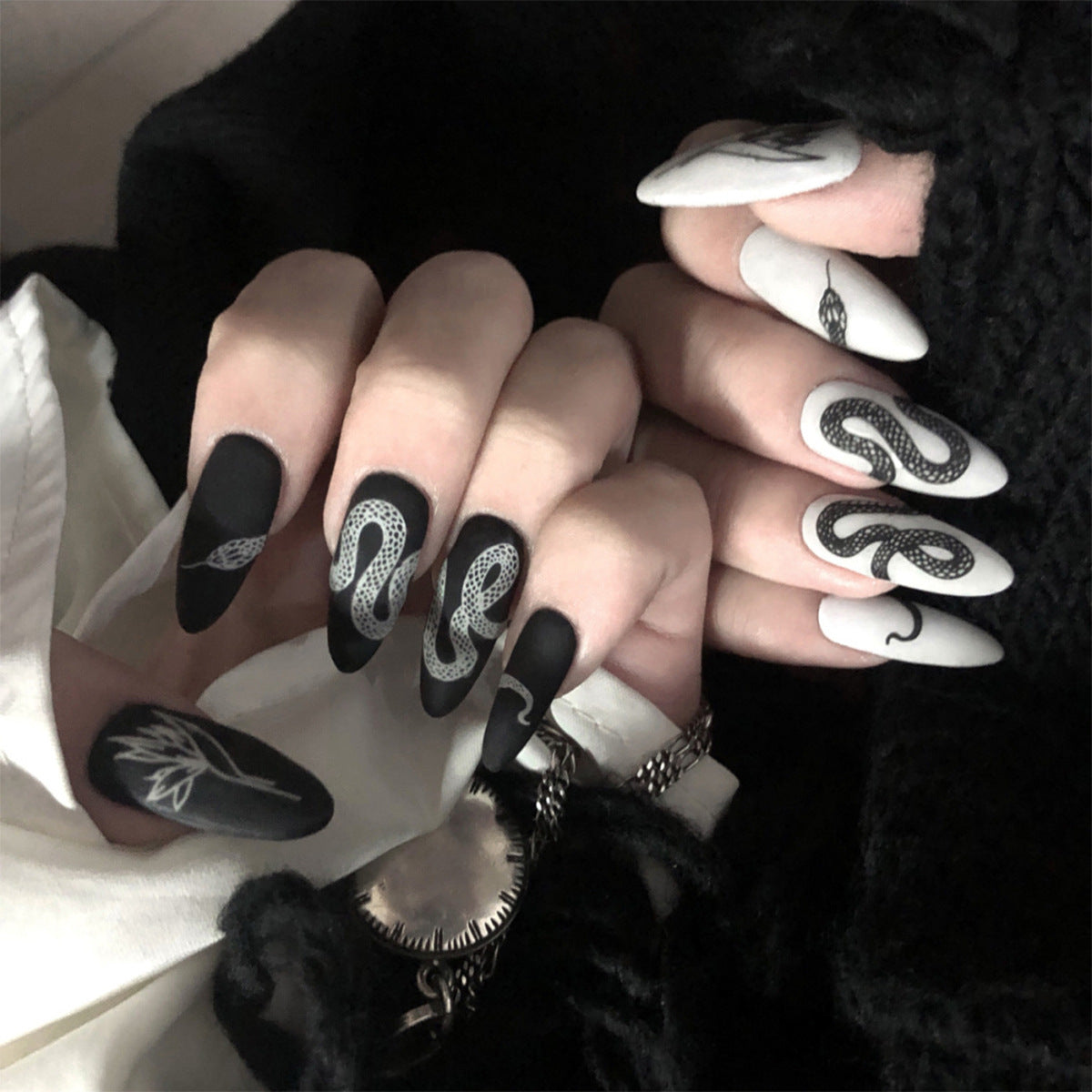 Matte Black & White Snake Print Almond Press On Nails 24Pcs