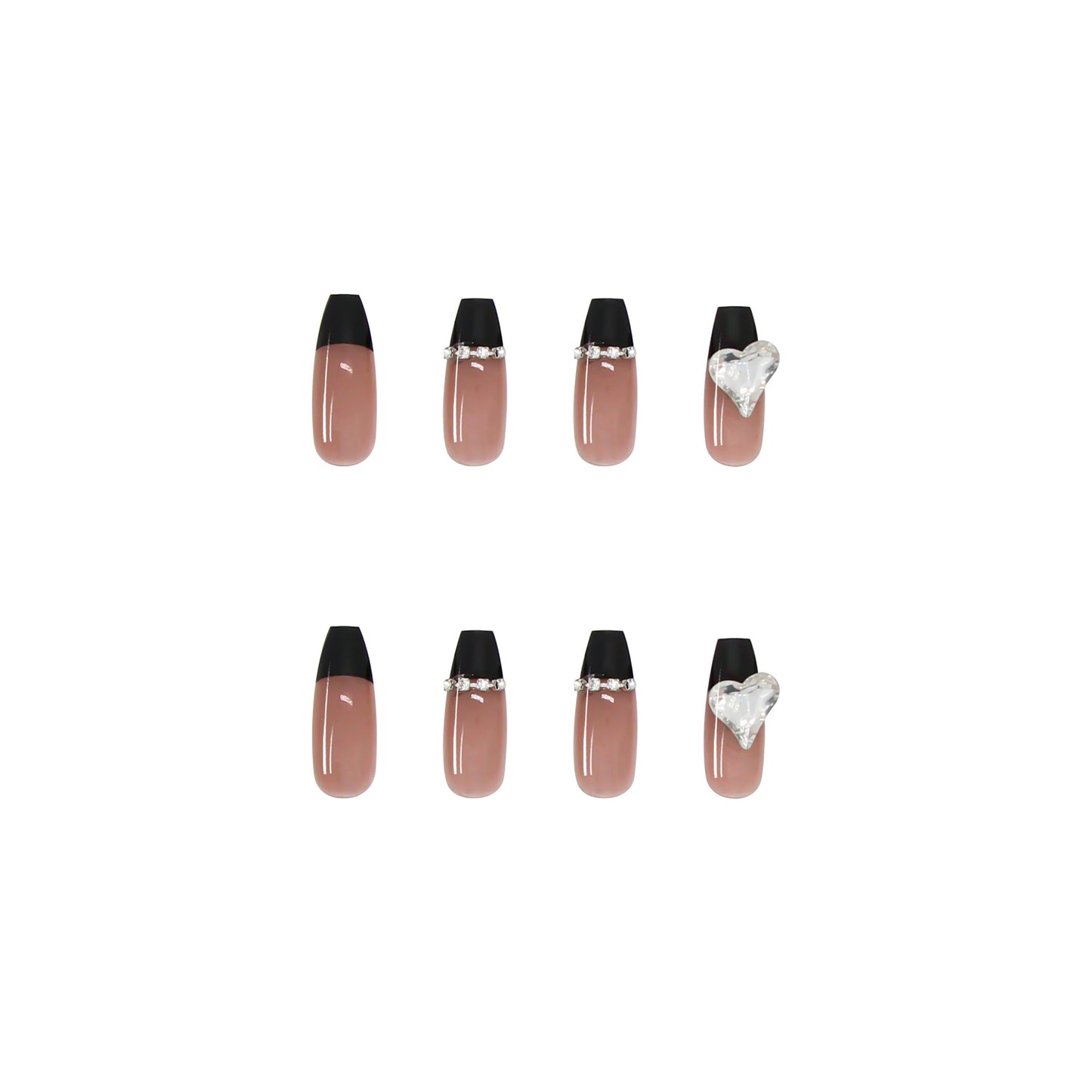 Long Coffin Press On Nails Black French Tip Rhinestone Heart 24Pcs