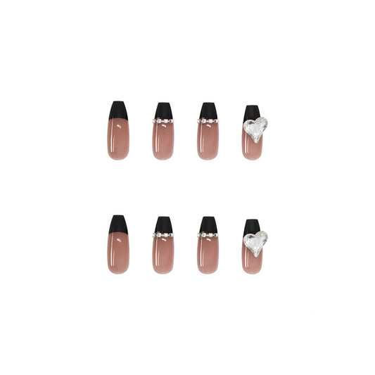 Long Coffin Press On Nails Black French Tip Rhinestone Heart 24Pcs