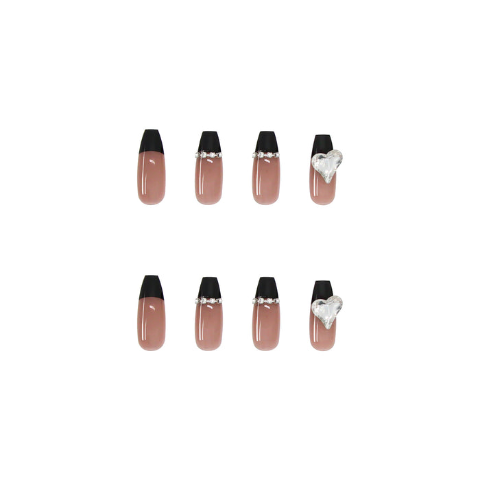Long Coffin Press On Nails Black French Tip Rhinestone Heart 24Pcs