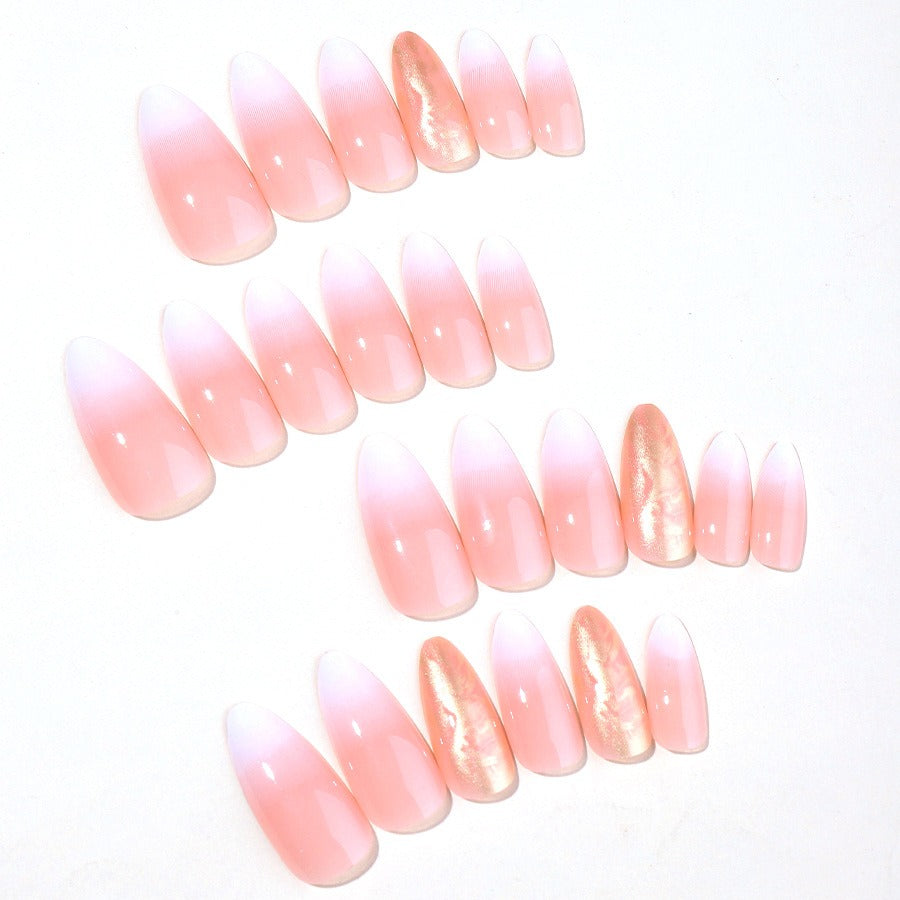 Almond Press On Nails Pink Ombre Gradient Gold Foil 24Pcs