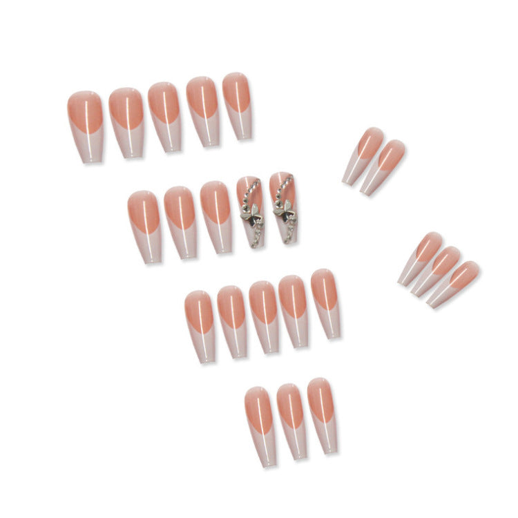 Long Ballet French Tip Press On Nails Butterfly Rhinestone 24Pcs