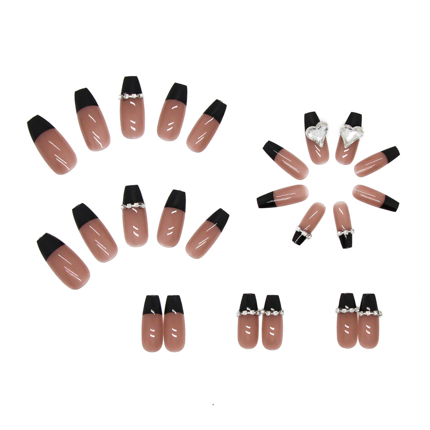 Long Coffin Press On Nails Black French Tip Rhinestone Heart 24Pcs