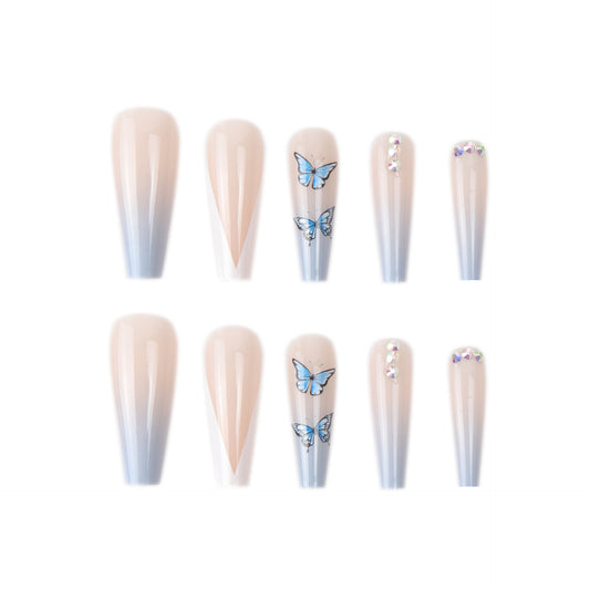 Long Coffin Press On Nails Blue Butterfly V-French 24Pcs