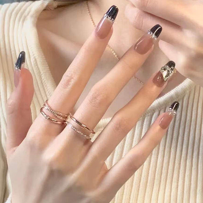 Long Coffin Press On Nails Black French Tip Rhinestone Heart 24Pcs
