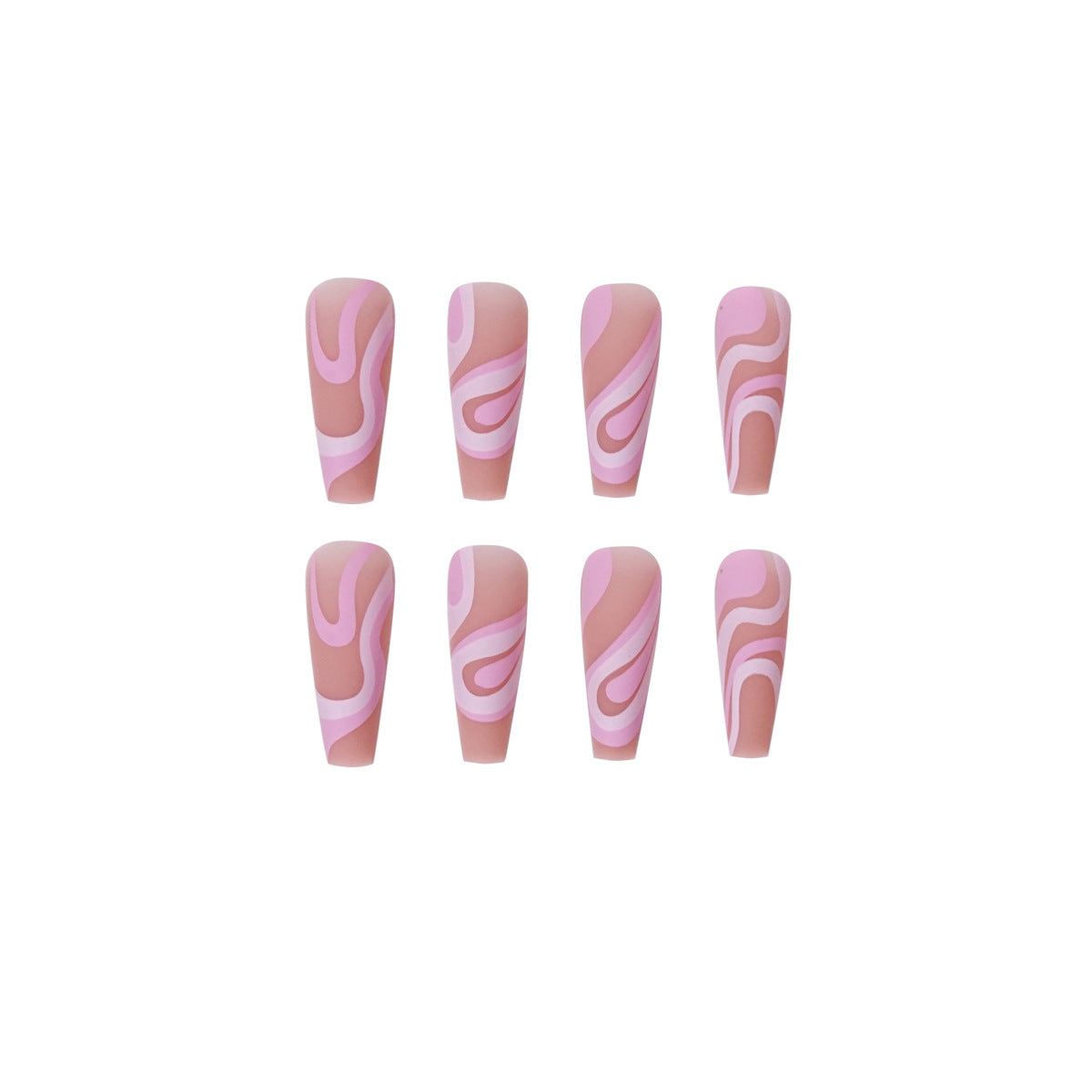 Long Square Press On Nails Pink Swirl Abstract Lines 24Pcs