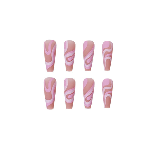 Long Square Press On Nails Pink Swirl Abstract Lines 24Pcs