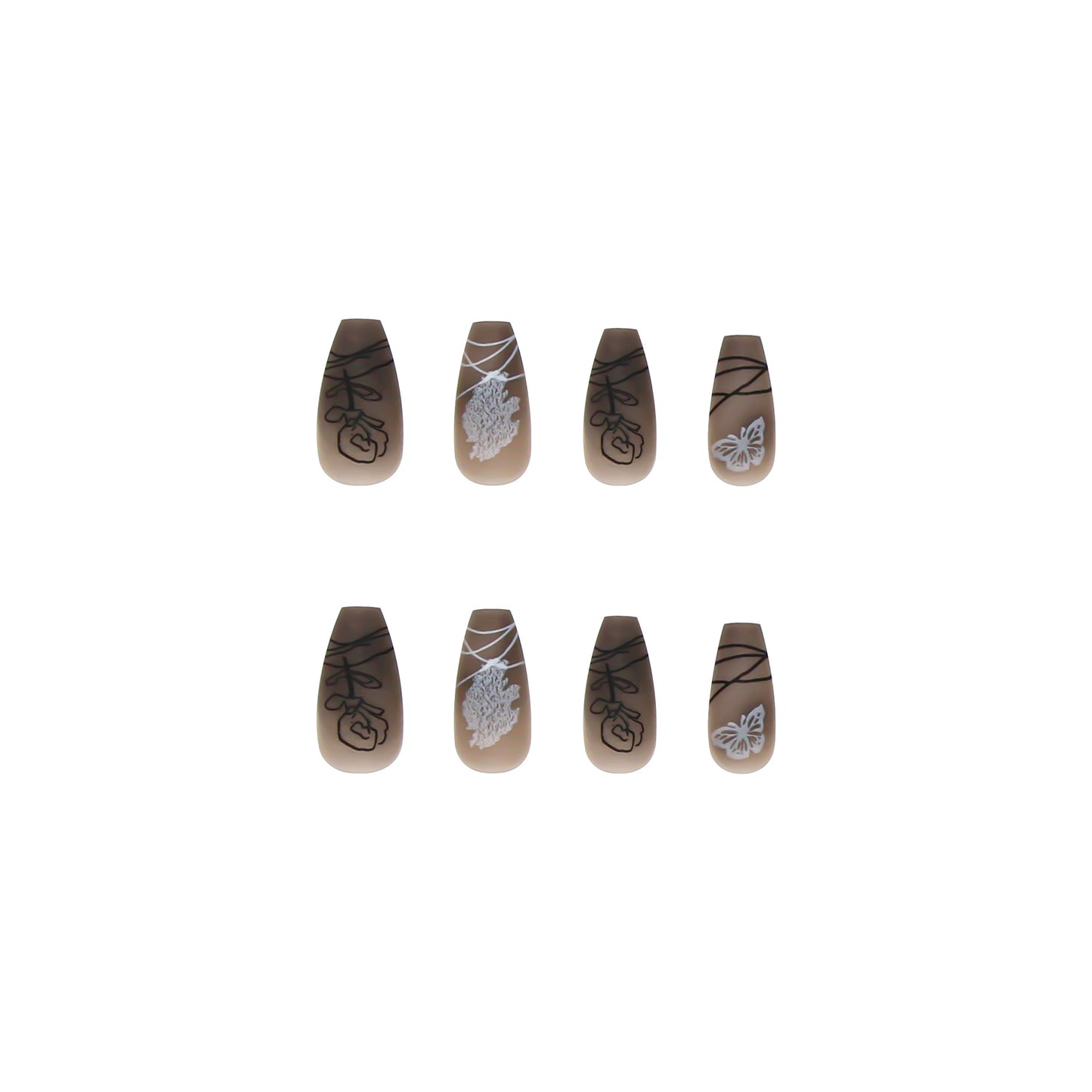 Long Coffin Press On Nails Matte Dark 3D Butterfly 24Pcs