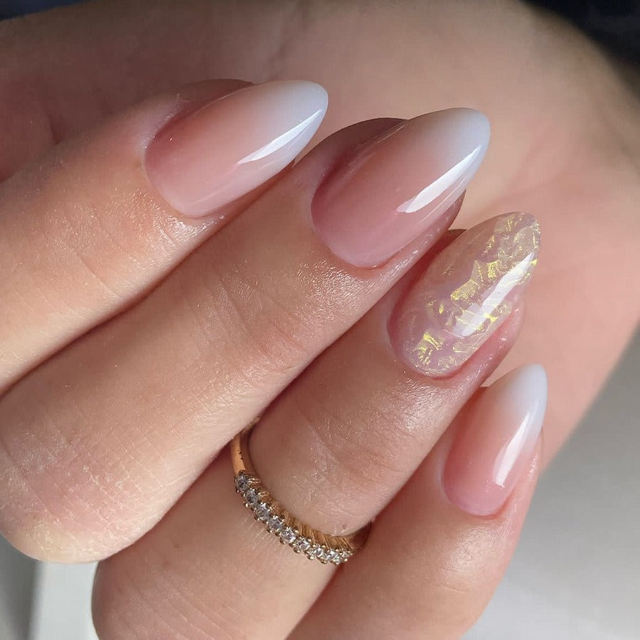 Almond Press On Nails Pink Ombre Gradient Gold Foil 24Pcs