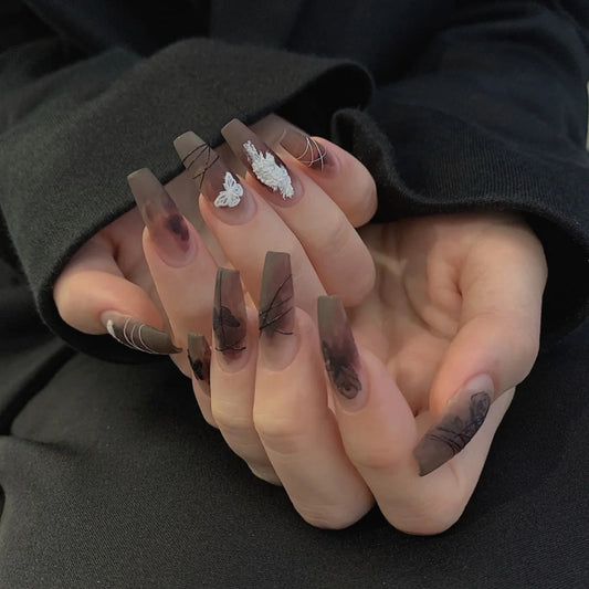 Long Coffin Press On Nails Matte Dark 3D Butterfly 24Pcs