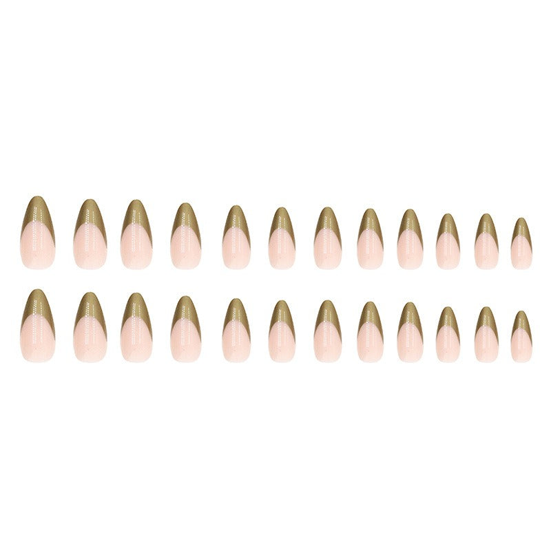 Long Almond Press On Nails Metallic Gold French Tip 24Pcs