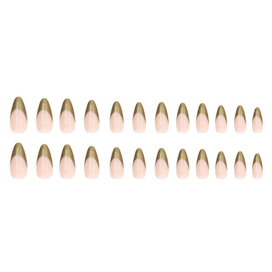 Long Almond Press On Nails Metallic Gold French Tip 24Pcs