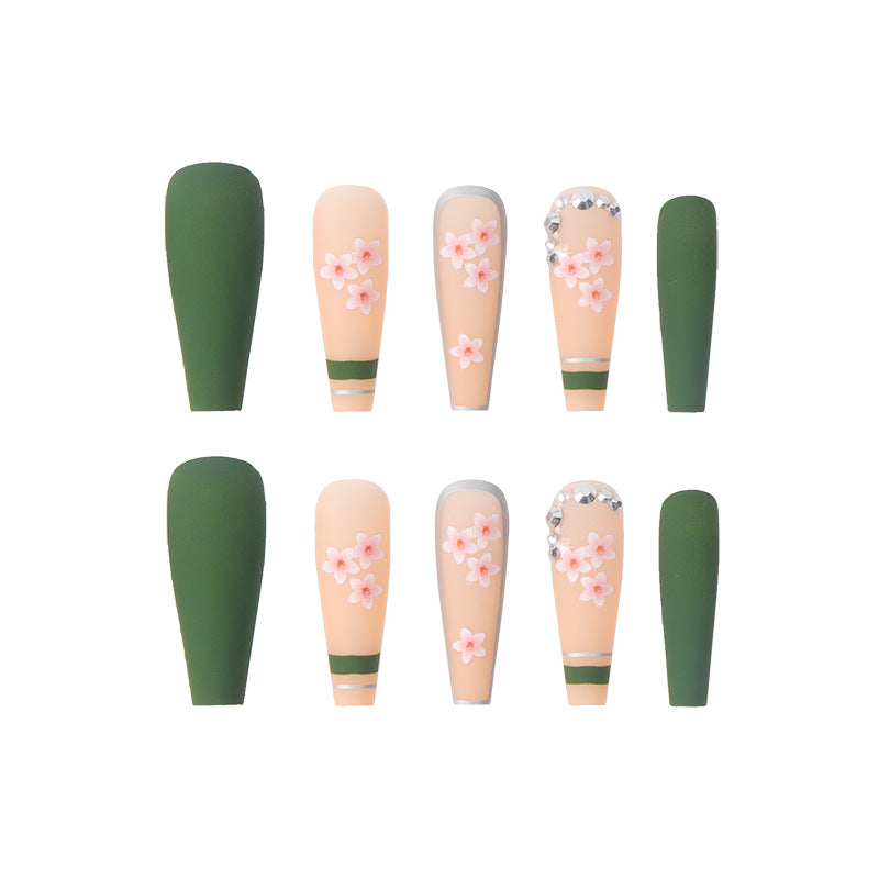 Long Coffin Press On Nails Matte Green Floral Rhinestone 24Pcs