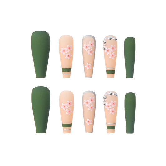 Long Coffin Press On Nails Matte Green Floral Rhinestone 24Pcs