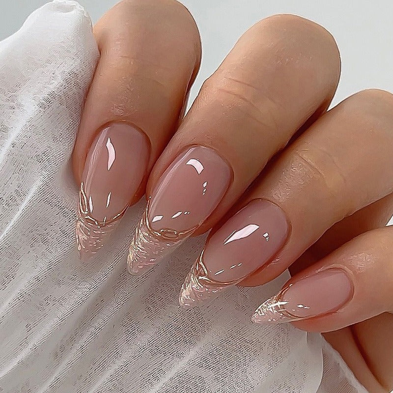 Almond French Tip Press On Nails Pearl Gold Glitter Edge 24Pcs