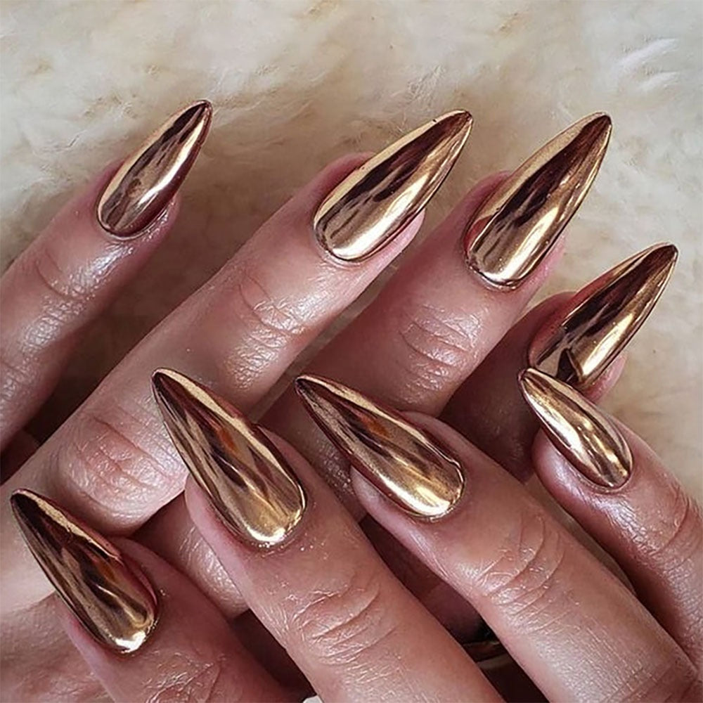 Metallic Bronze Stiletto Press On Nails Electroplated 24Pcs