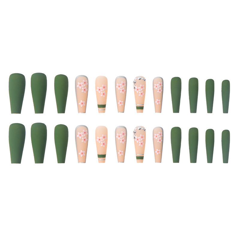 Long Coffin Press On Nails Matte Green Floral Rhinestone 24Pcs