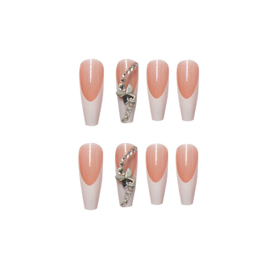 Long Ballet French Tip Press On Nails Butterfly Rhinestone 24Pcs