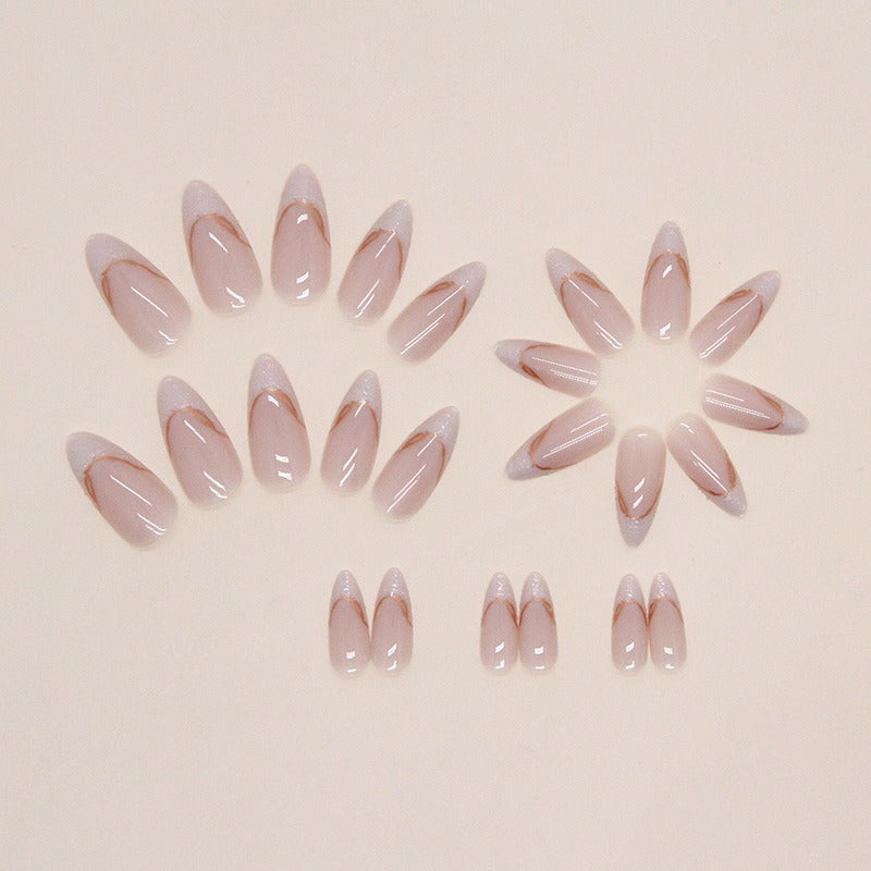 Almond French Tip Press On Nails Pearl Gold Glitter Edge 24Pcs