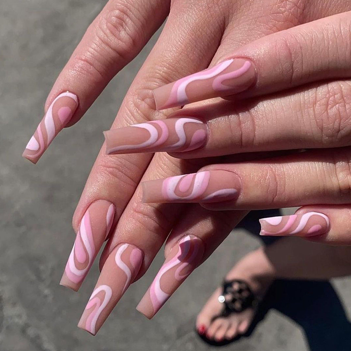 Long Square Press On Nails Pink Swirl Abstract Lines 24Pcs