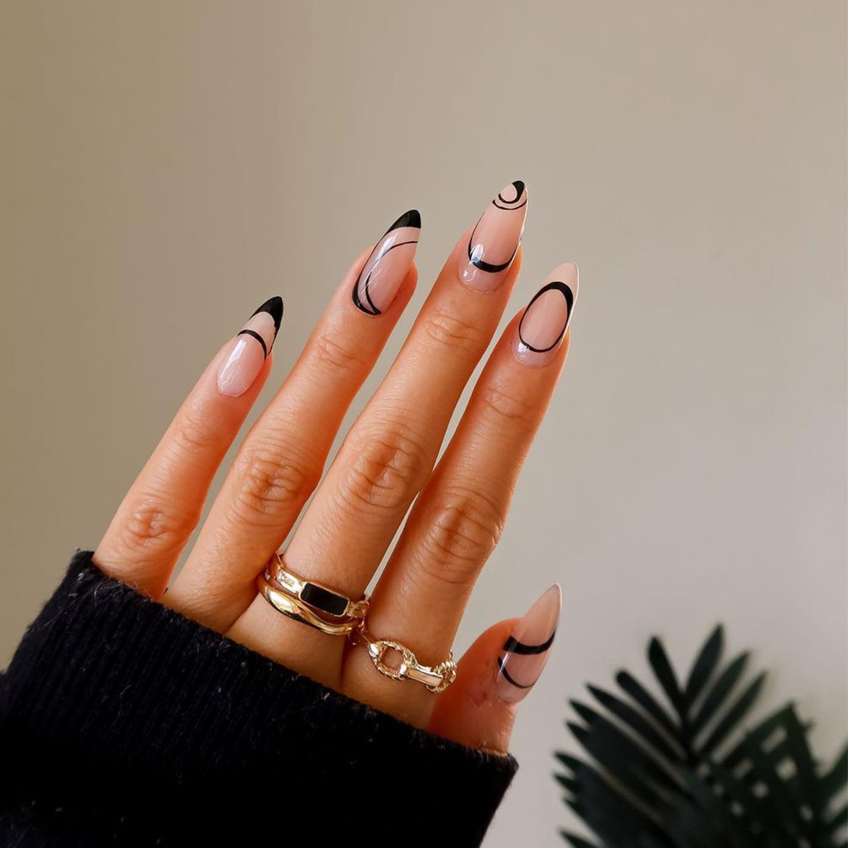 Pointed Almond Press On Nails Black Abstract Line 24Pcs