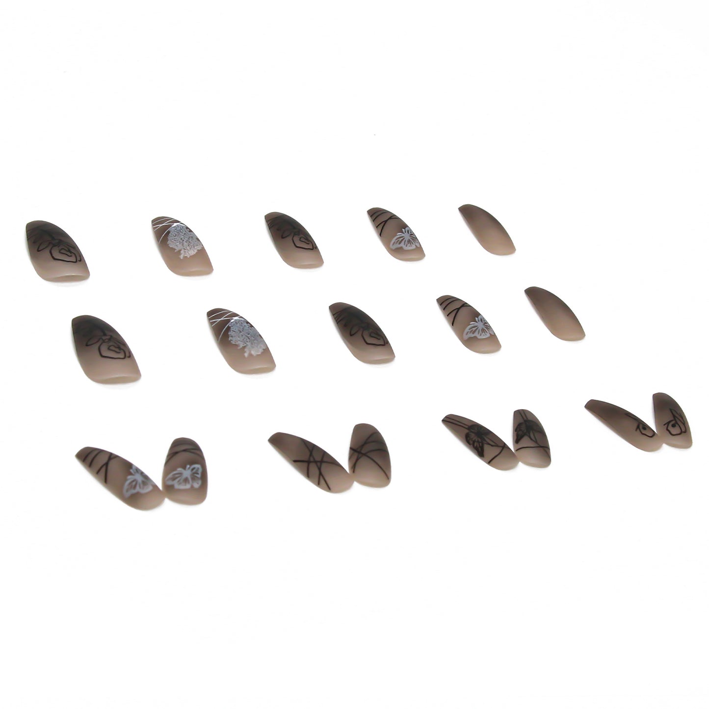Long Coffin Press On Nails Matte Dark 3D Butterfly 24Pcs