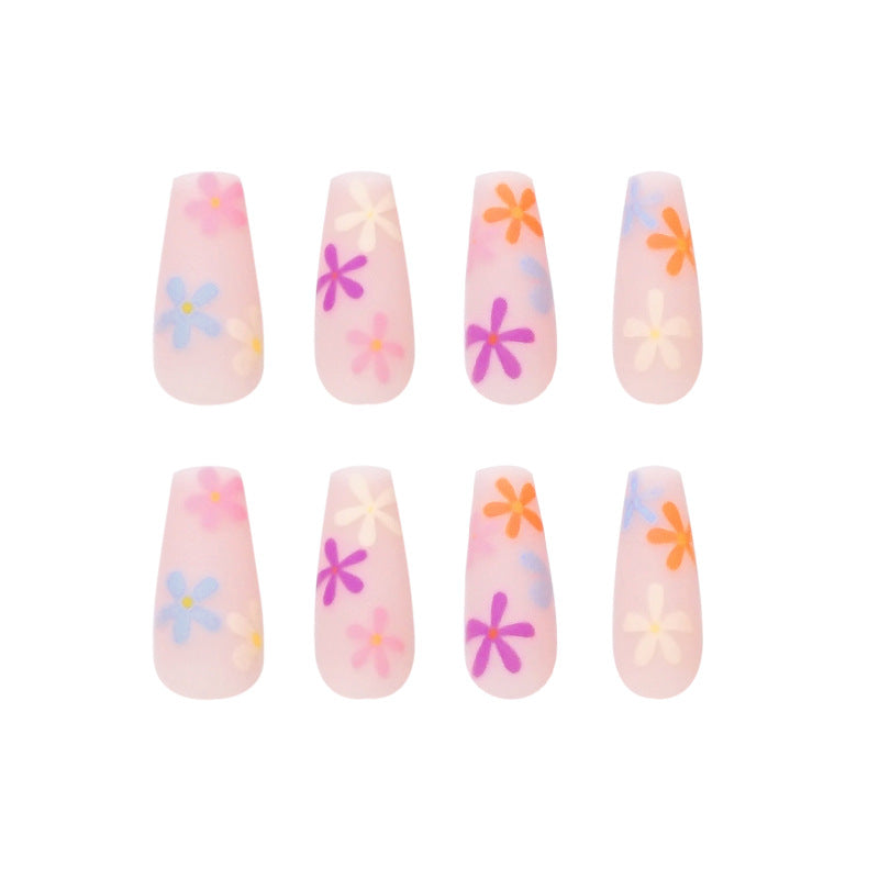 Long Coffin Press On Nails Pastel Floral Fake Nails 24Pcs